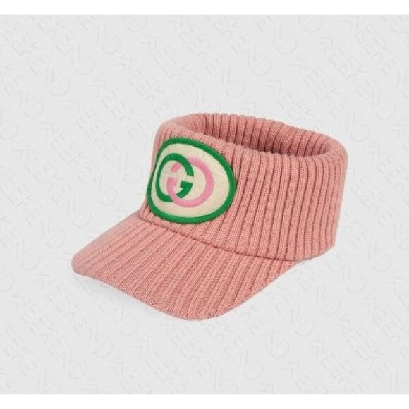 NWT Gucci Knitted Vistor Wool Embroidered Patch Head In Pink Hat Size S